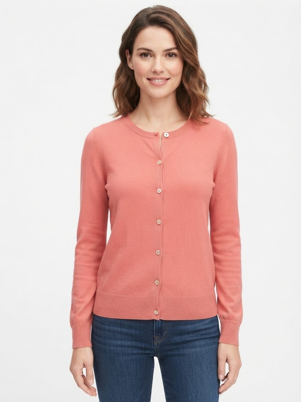 LOFT Coral Pink 100% Cotton Crewneck Button-Front Cardigan Size XL
